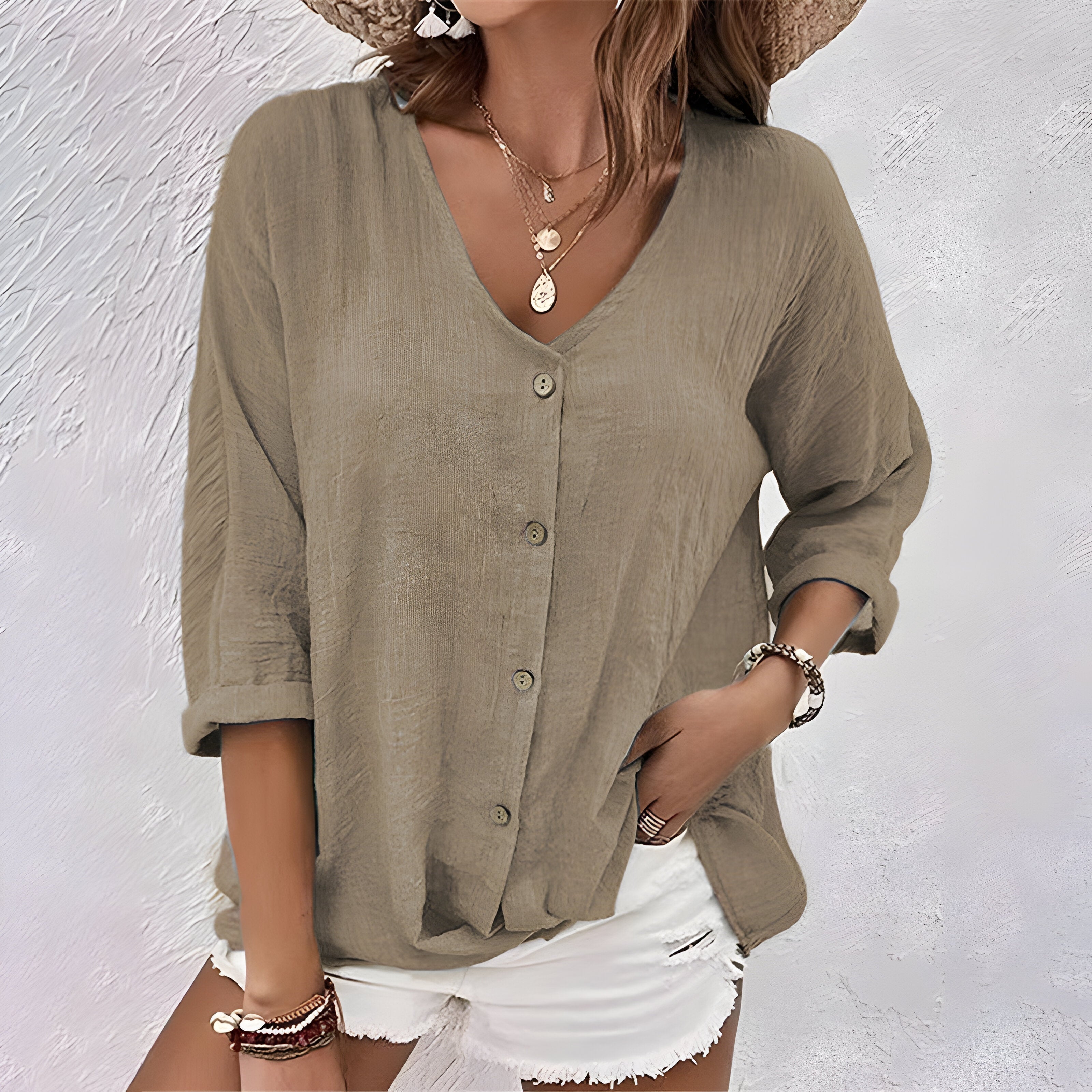 Women's Relaxed V-Neck Roll Sleeve Button Blouse