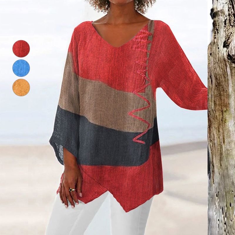 Printed Blouse for Women - V-Neck Long Sleeve Artistic Cotton Top