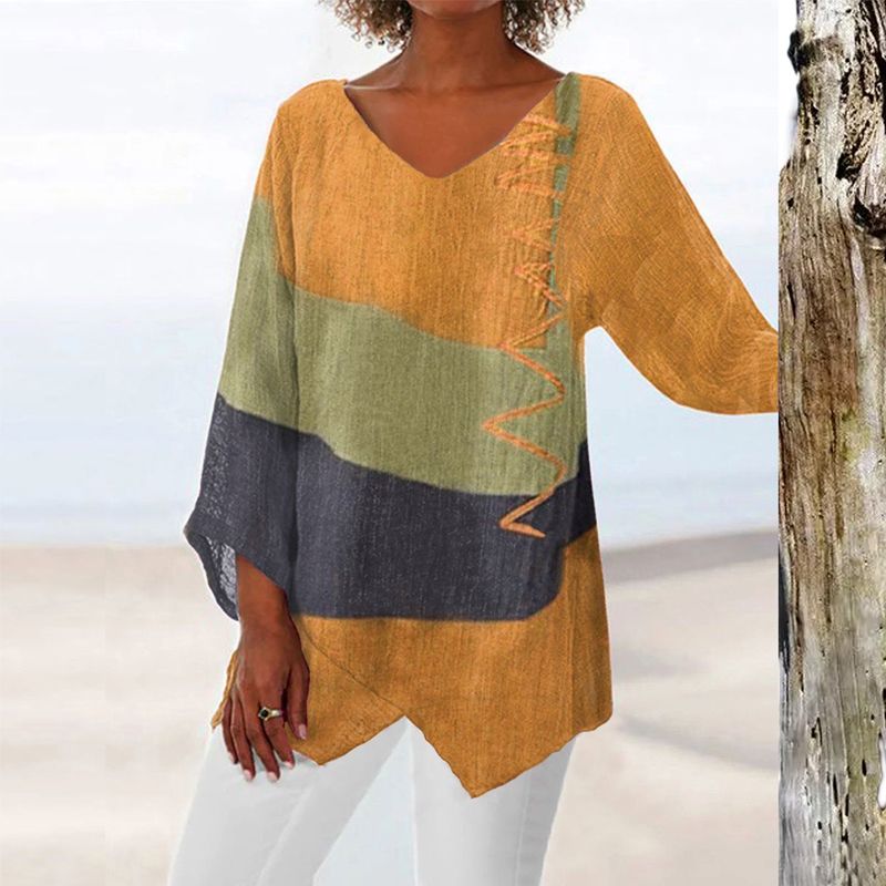 Printed Blouse for Women - V-Neck Long Sleeve Artistic Cotton Top