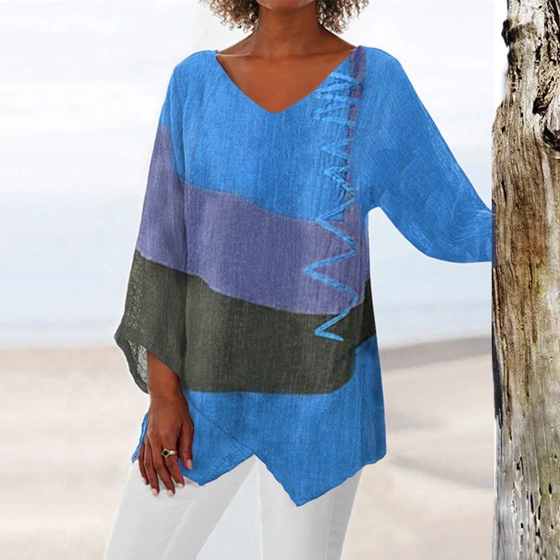 Printed Blouse for Women - V-Neck Long Sleeve Artistic Cotton Top