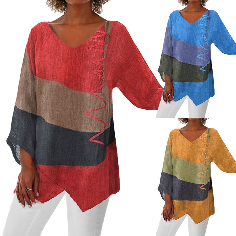Printed Blouse for Women - V-Neck Long Sleeve Artistic Cotton Top