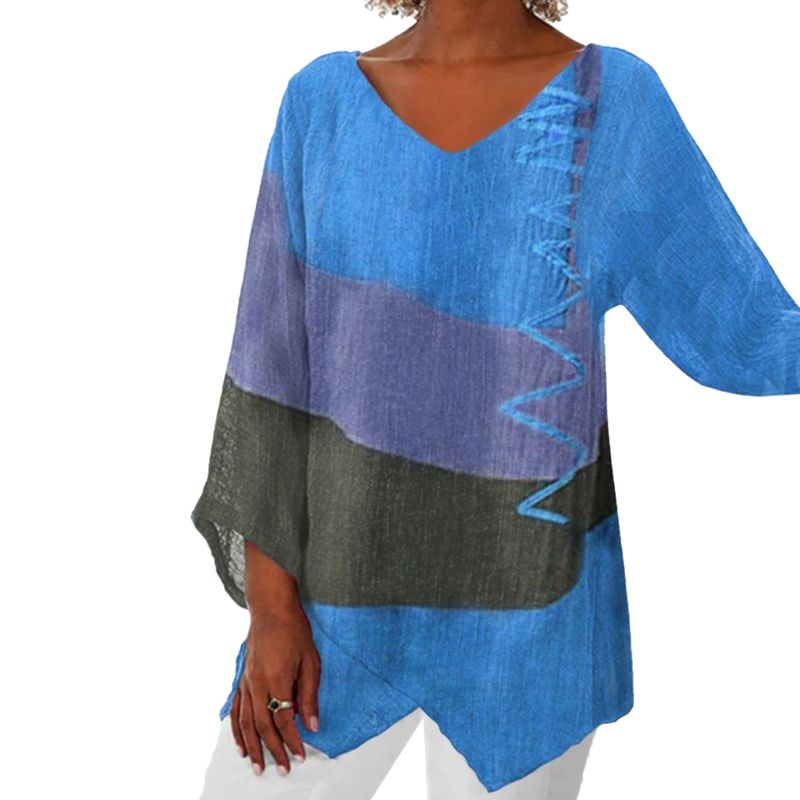 Printed Blouse for Women - V-Neck Long Sleeve Artistic Cotton Top
