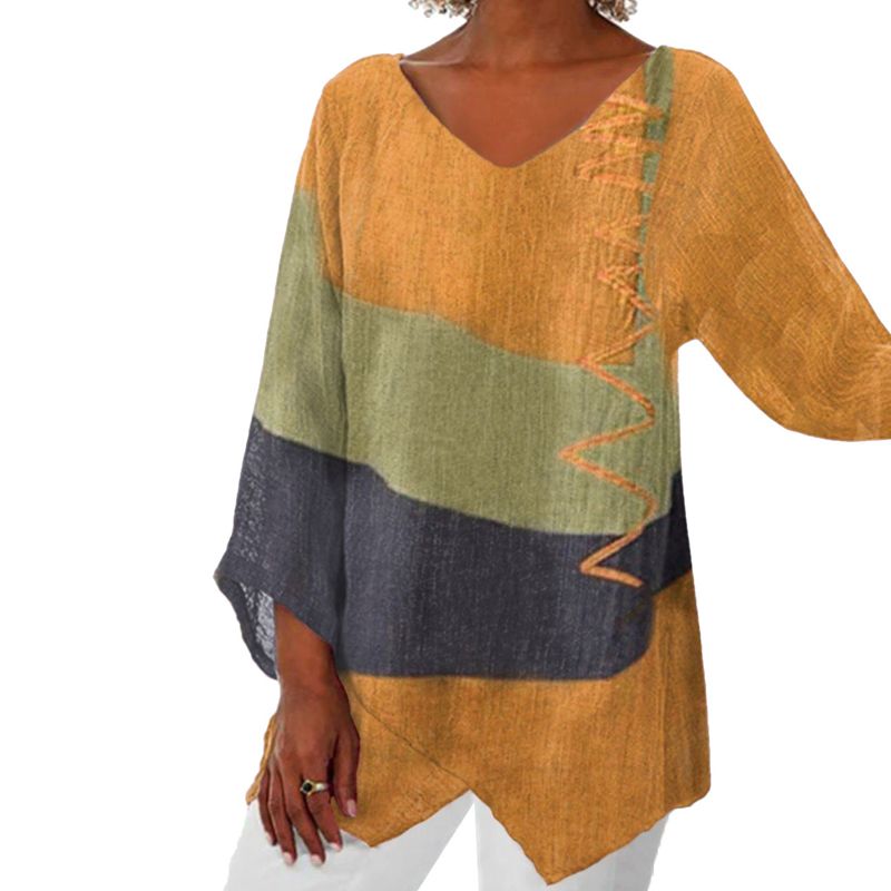 Printed Blouse for Women - V-Neck Long Sleeve Artistic Cotton Top
