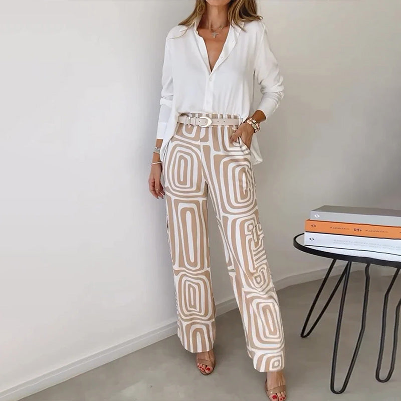 Elegant Flowing Top And Patterned Trouser Set