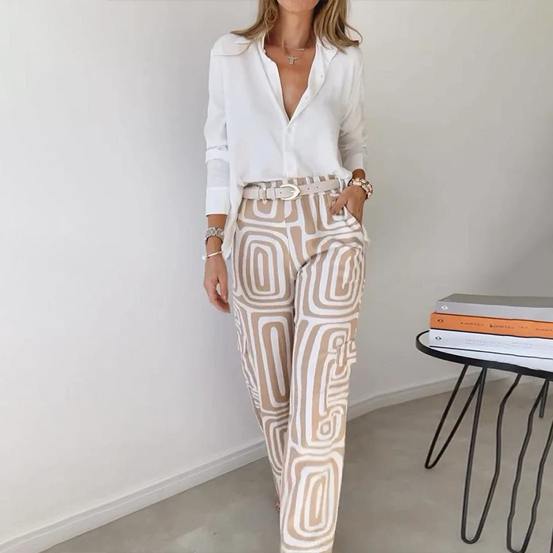 Elegant Flowing Top And Patterned Trouser Set