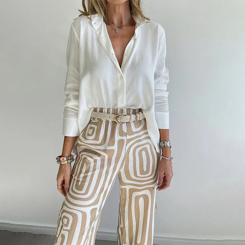 Elegant Flowing Top And Patterned Trouser Set