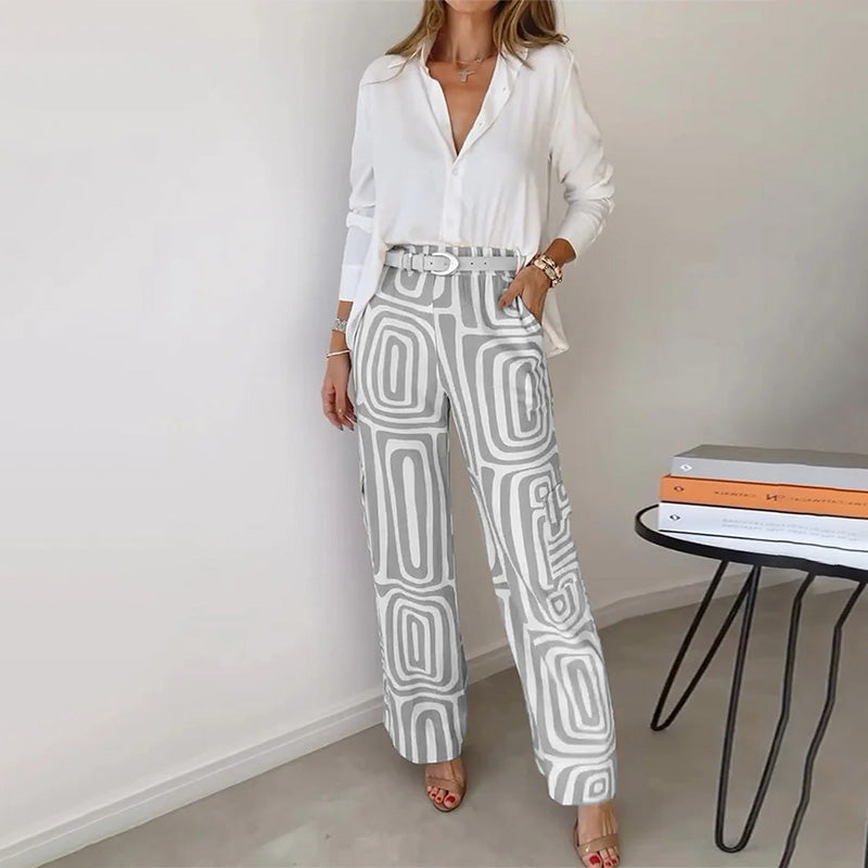 Elegant Flowing Top And Patterned Trouser Set