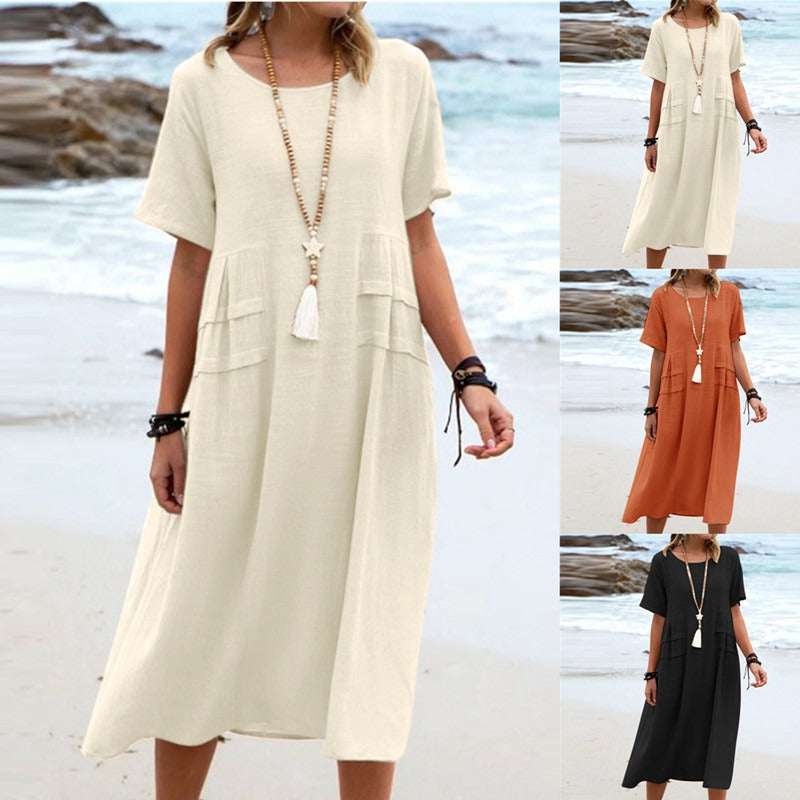 Cotton Linen Midi Dress for Women - Round Neck A-Line Casual Summer Dress