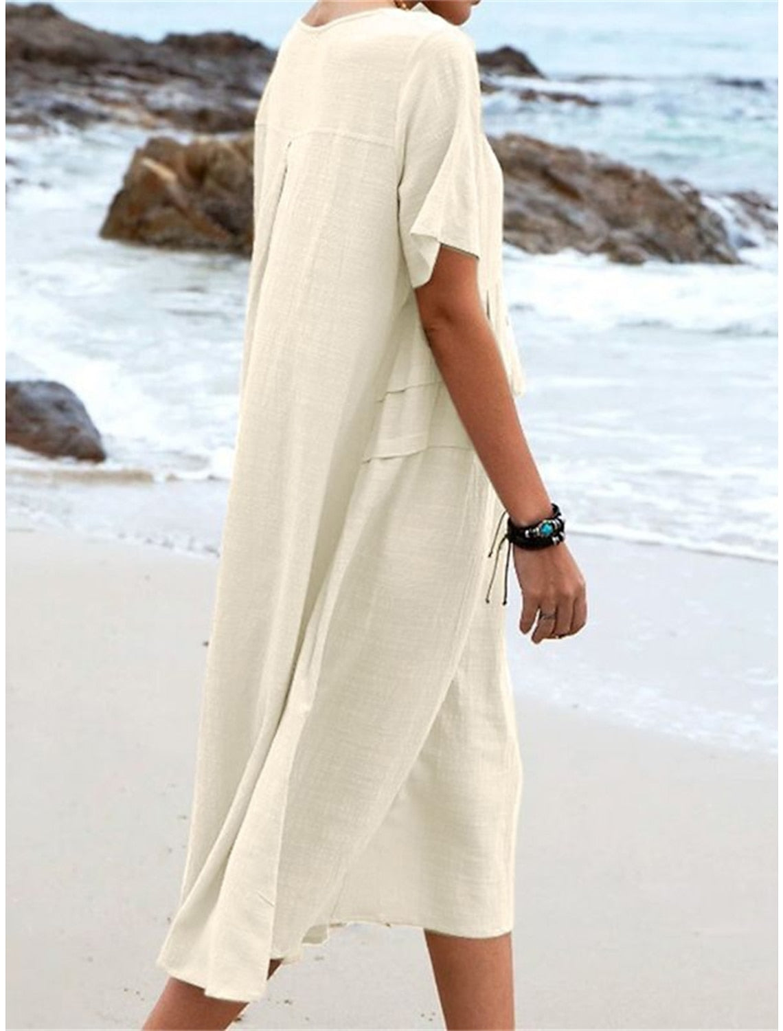 Cotton Linen Midi Dress for Women - Round Neck A-Line Casual Summer Dress