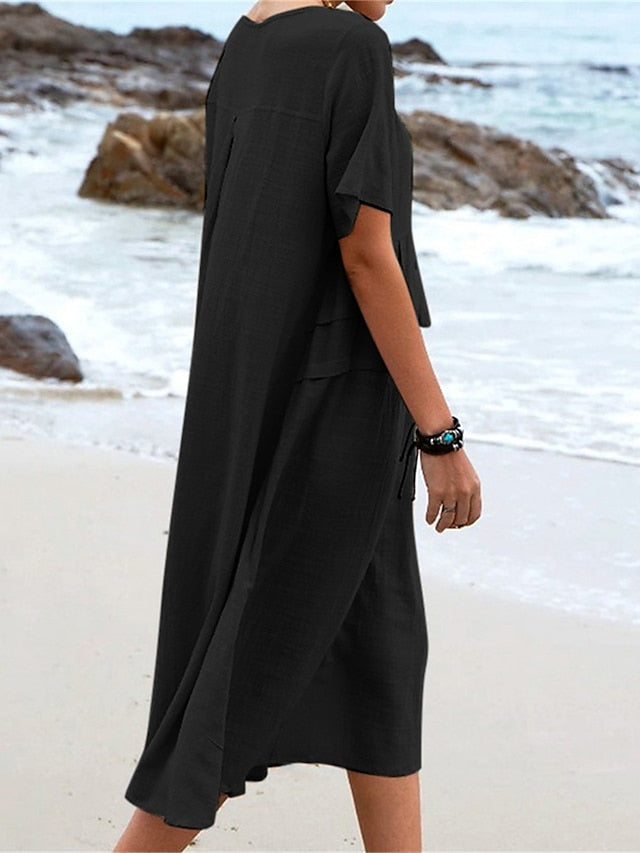 Cotton Linen Midi Dress for Women - Round Neck A-Line Casual Summer Dress