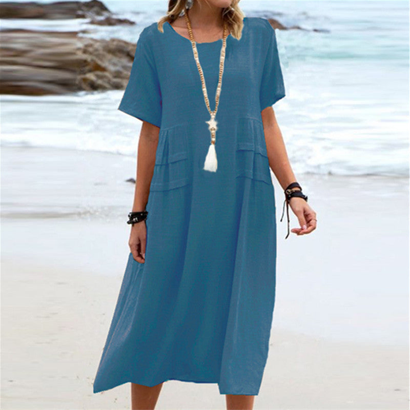 Cotton Linen Midi Dress for Women - Round Neck A-Line Casual Summer Dress