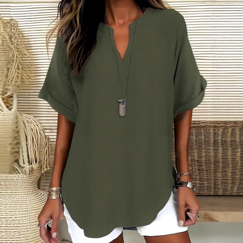 Relaxed Fit V-Neck Blouse With Long Sleeves