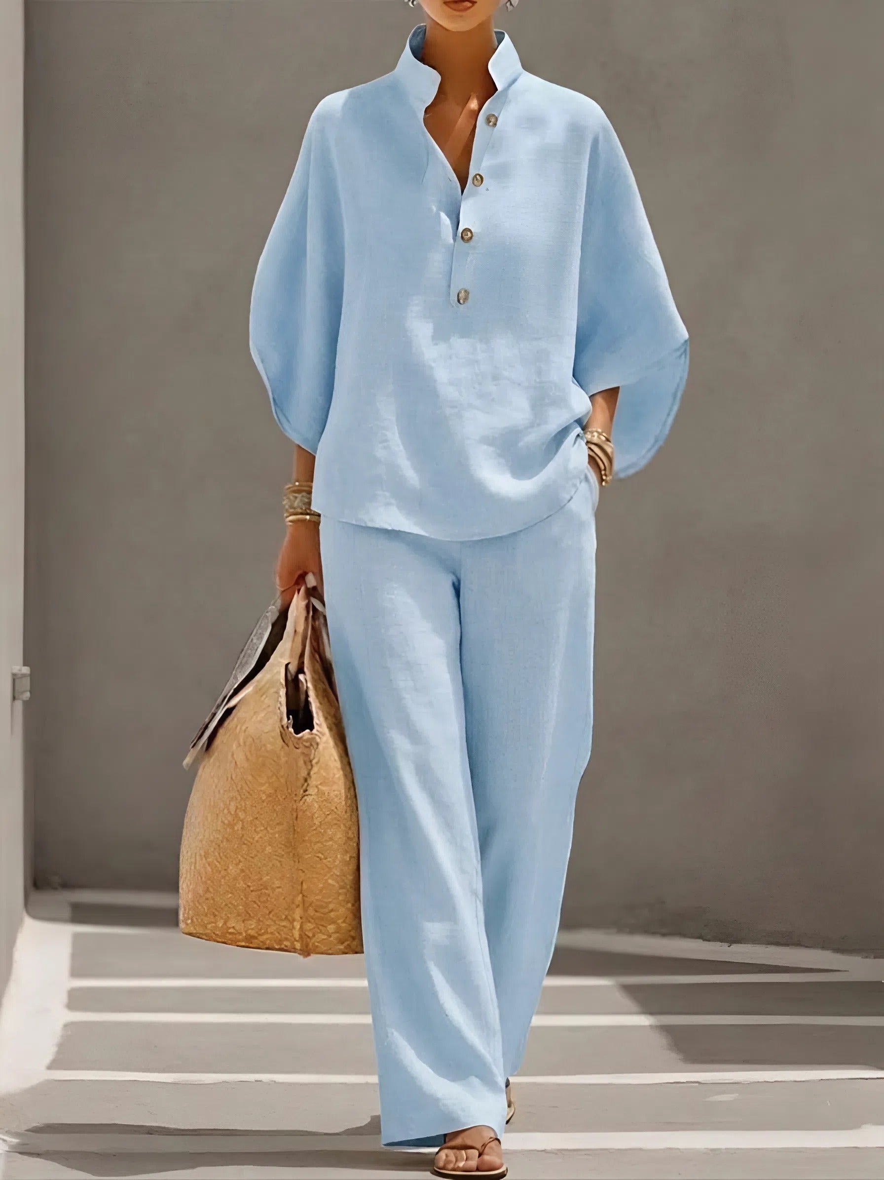 Mandarin Collar Wide-Leg Two-Piece Set