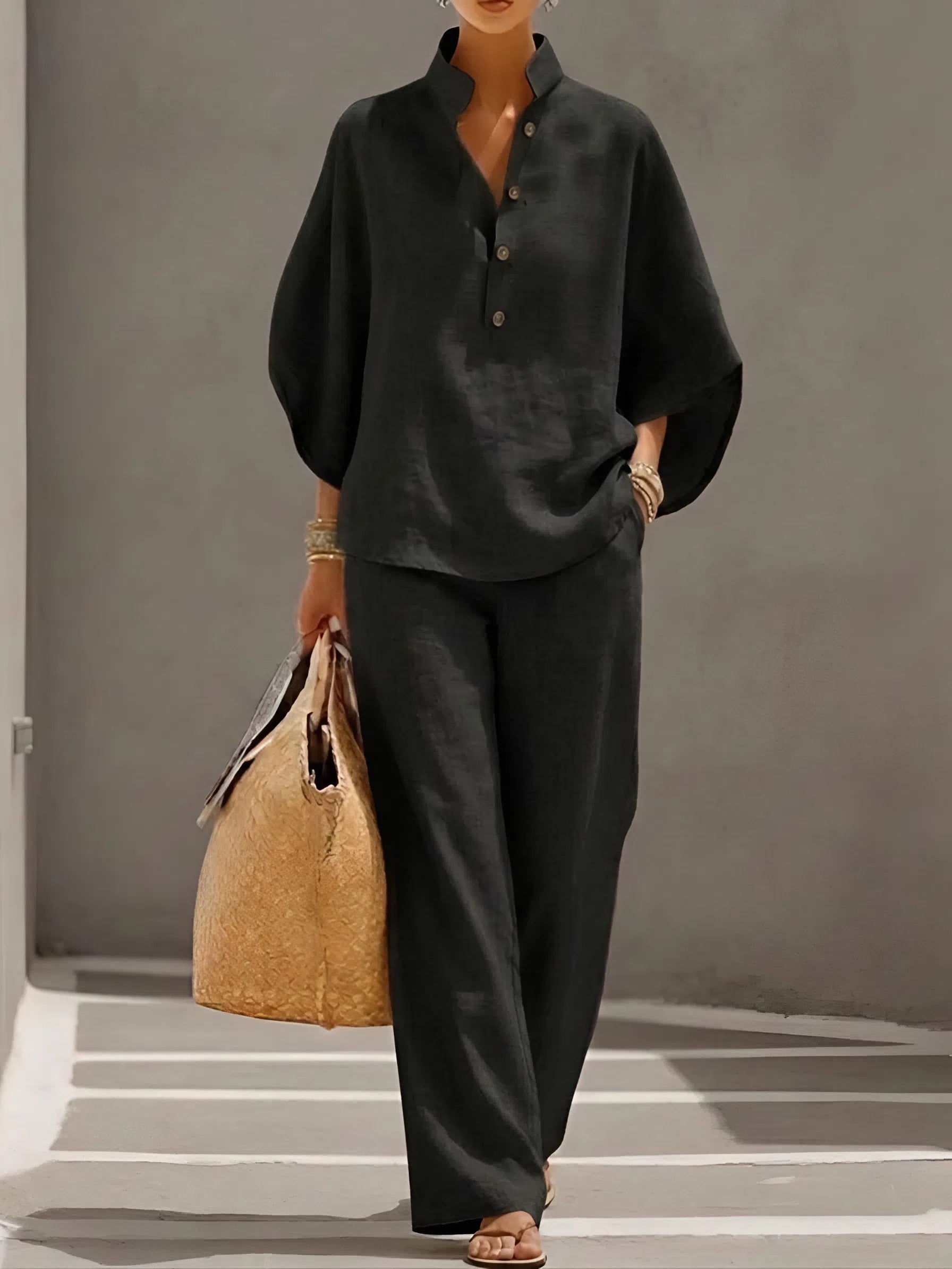 Mandarin Collar Wide-Leg Two-Piece Set