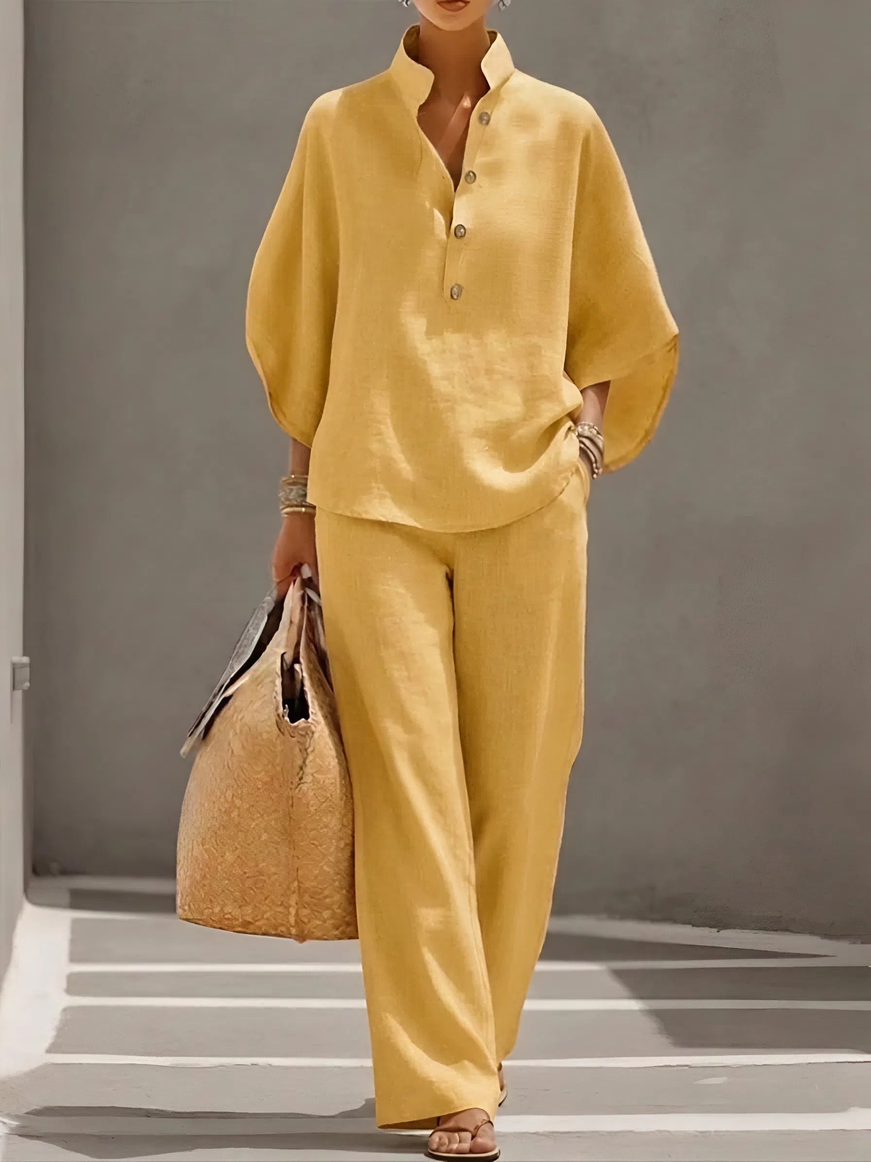 Mandarin Collar Wide-Leg Two-Piece Set