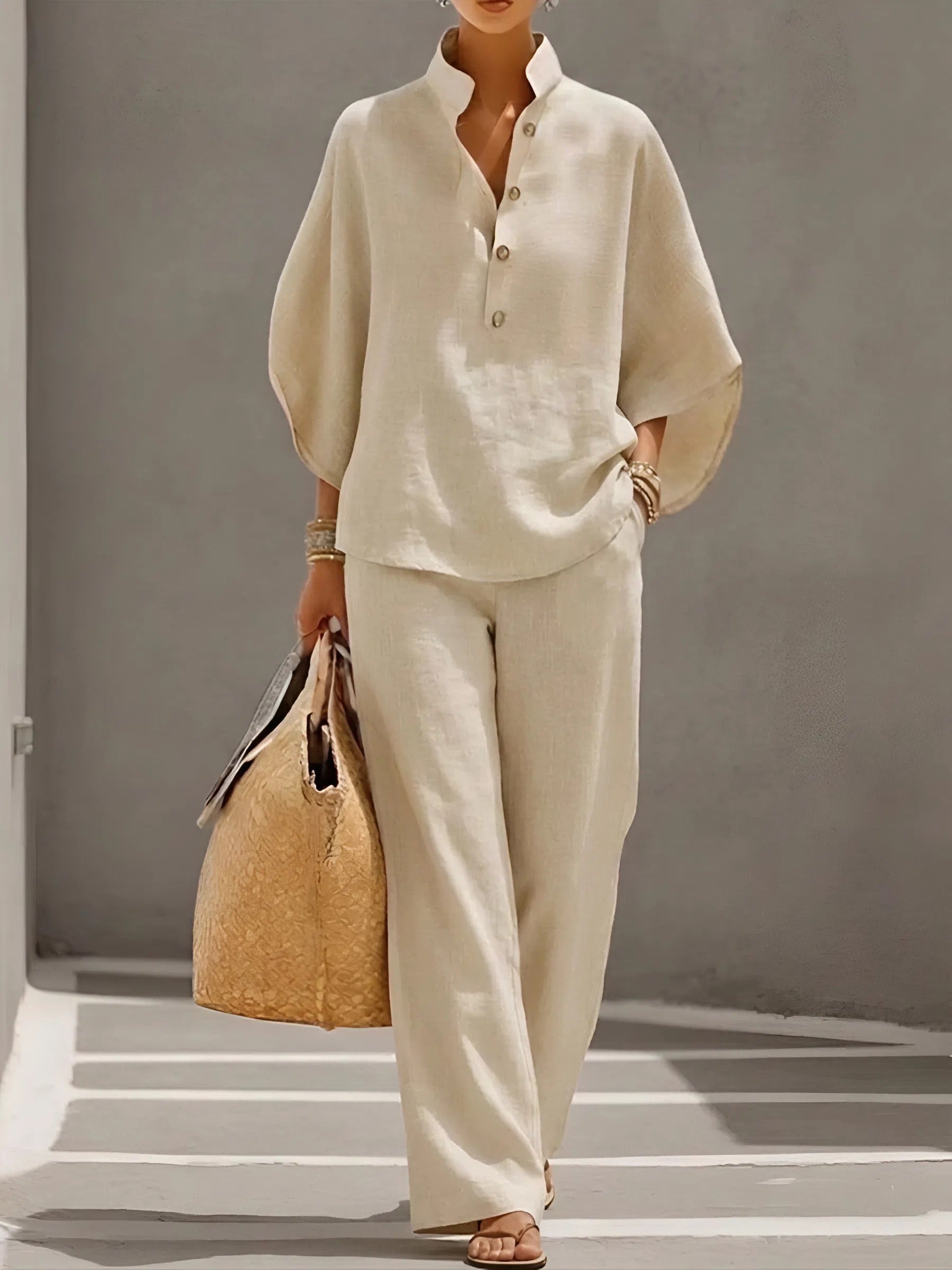 Mandarin Collar Wide-Leg Two-Piece Set