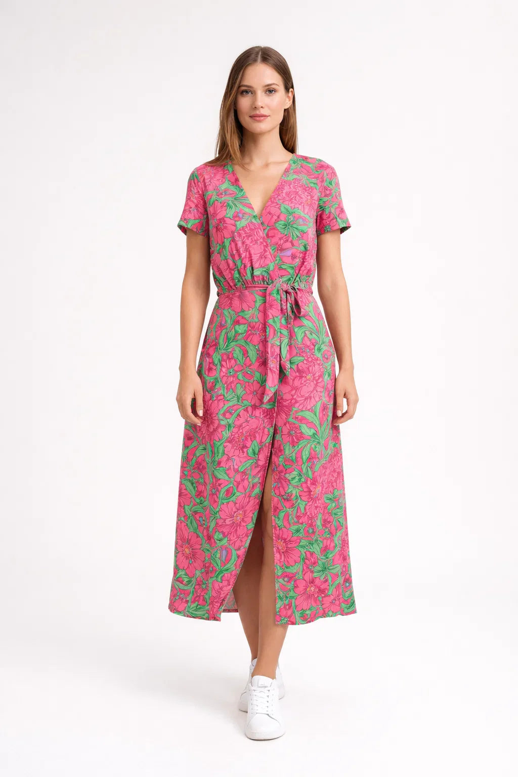 Floral Midi Wrap Dress for Women - V-Neck Lightweight Breathable Summer Dress