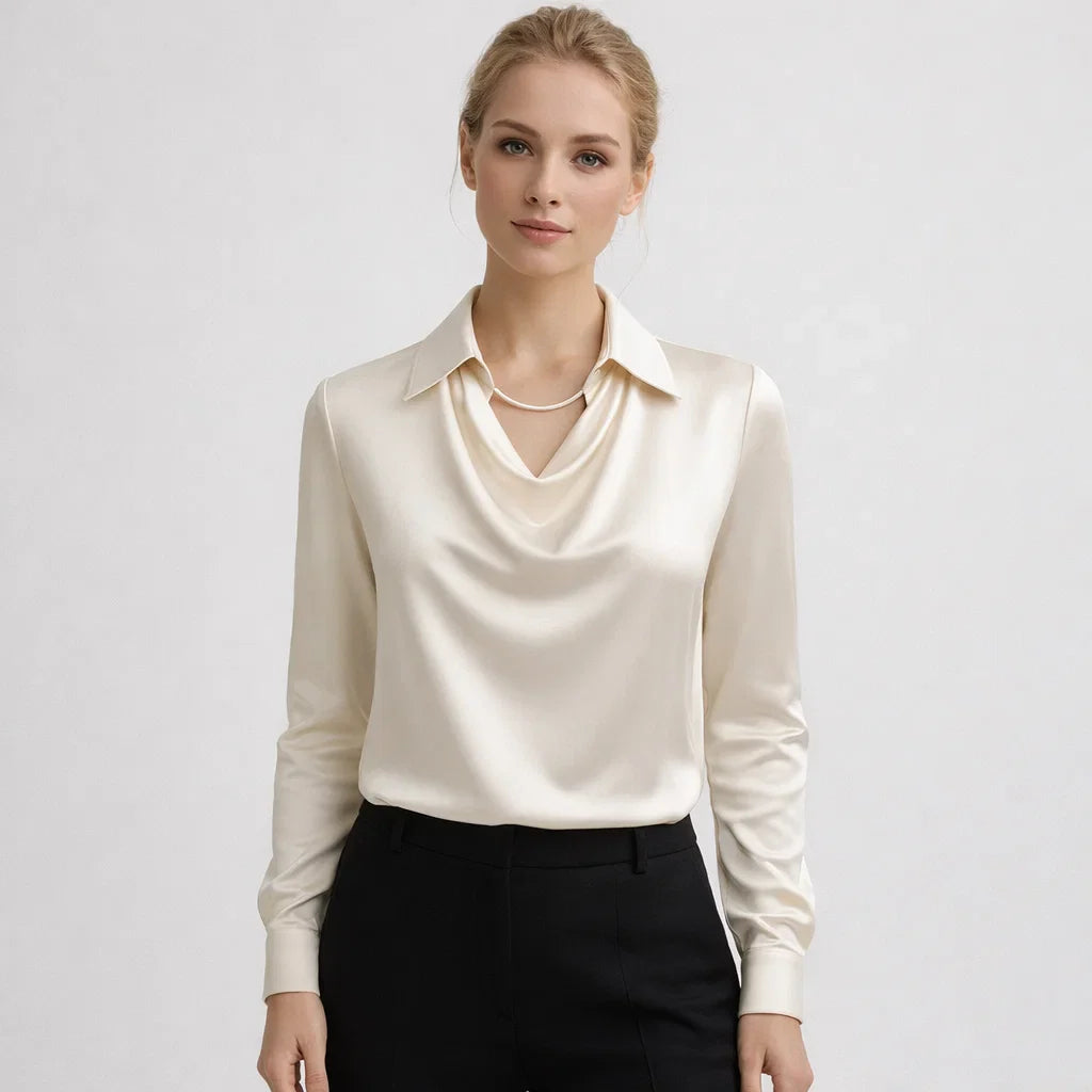 Satin Blouse for Women - Waterfall Neckline Long Sleeve Elegant Top