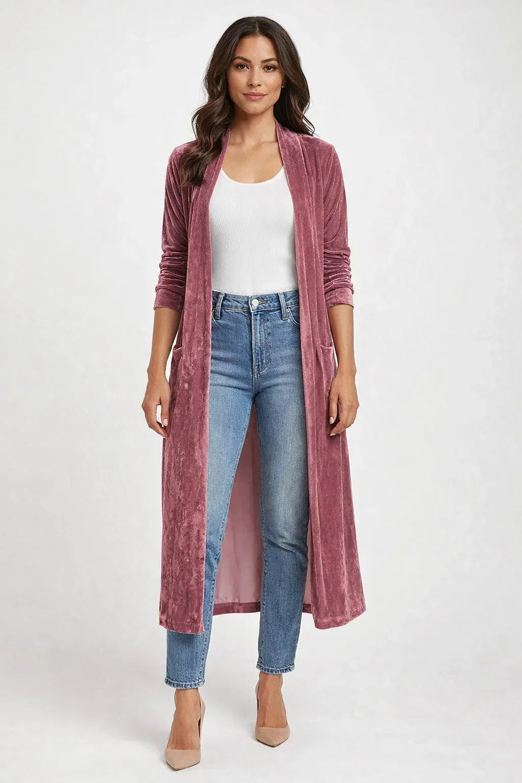 Velvet Longline Open-Front Cardigan