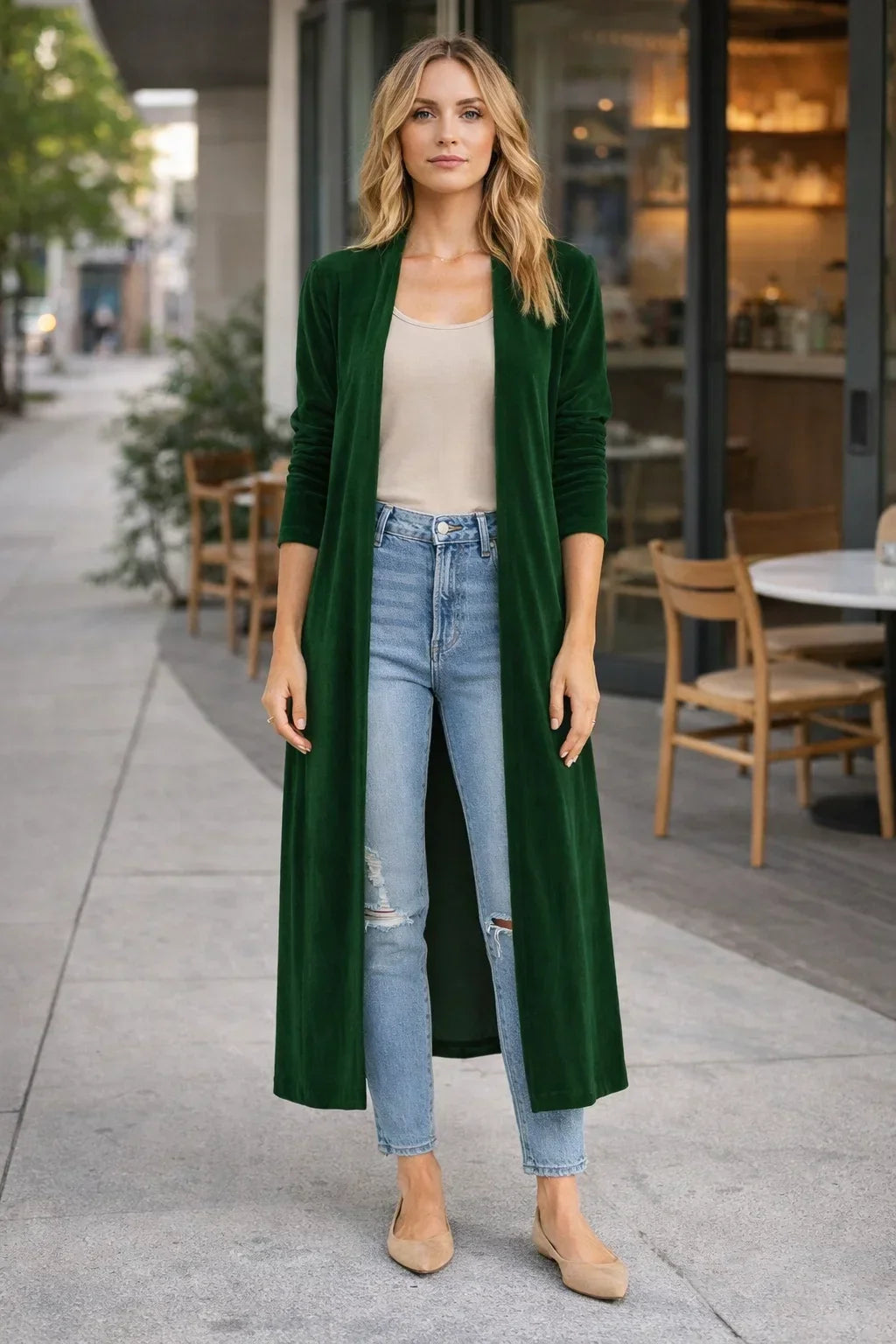 Velvet Longline Open-Front Cardigan