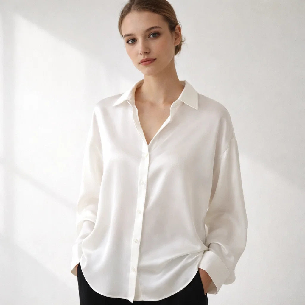 Silk Blouse for Women - White Long Sleeve Loose Elegant Office Top