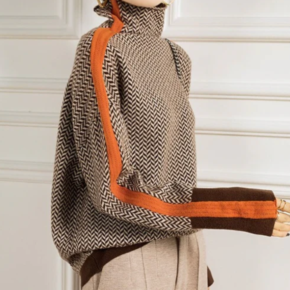Herringbone Turtleneck Sweater with Contrast Trim