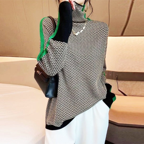 Herringbone Turtleneck Sweater with Contrast Trim
