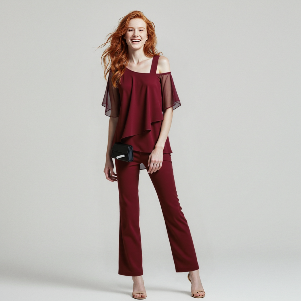 Women's Cold Shoulder Two-Piece Set With Wide-Leg Trousers