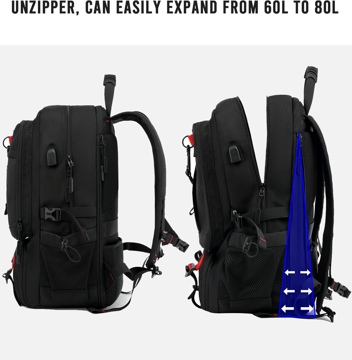 60L Expandable Travel Laptop Backpack