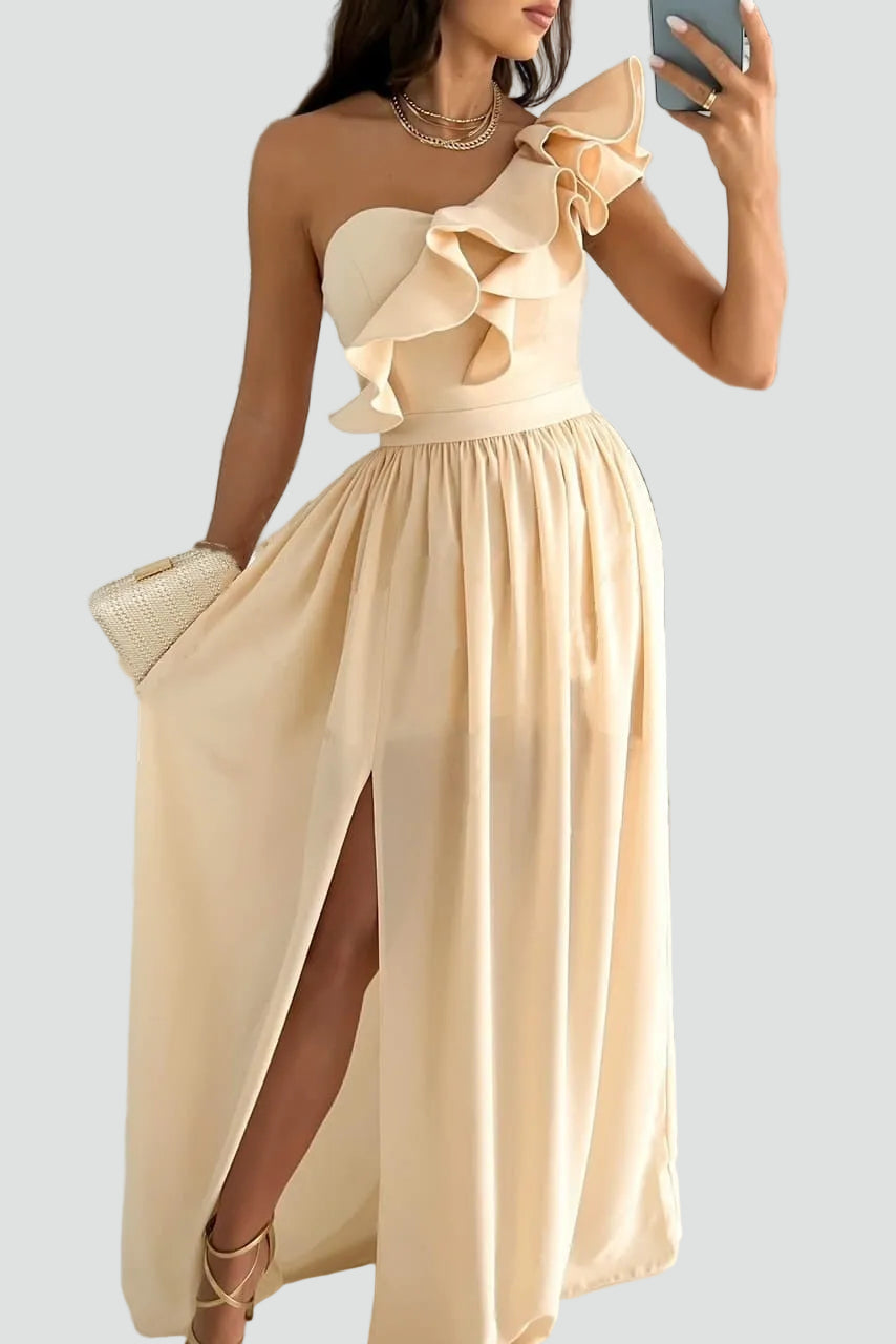 Maxi Evening Dress With One-Shoulder Ruffle and High Slit