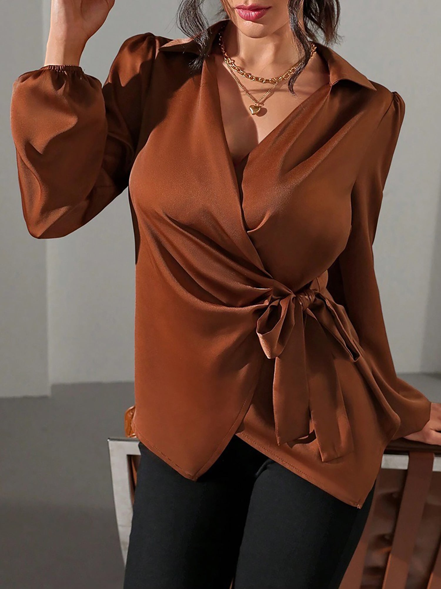 Satin Blouse with Adjustable Wrap Tie