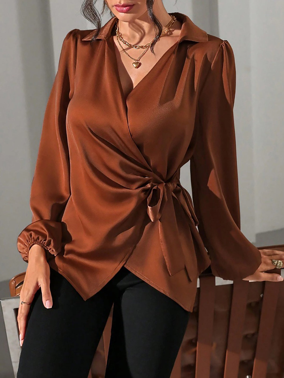 Satin Blouse with Adjustable Wrap Tie