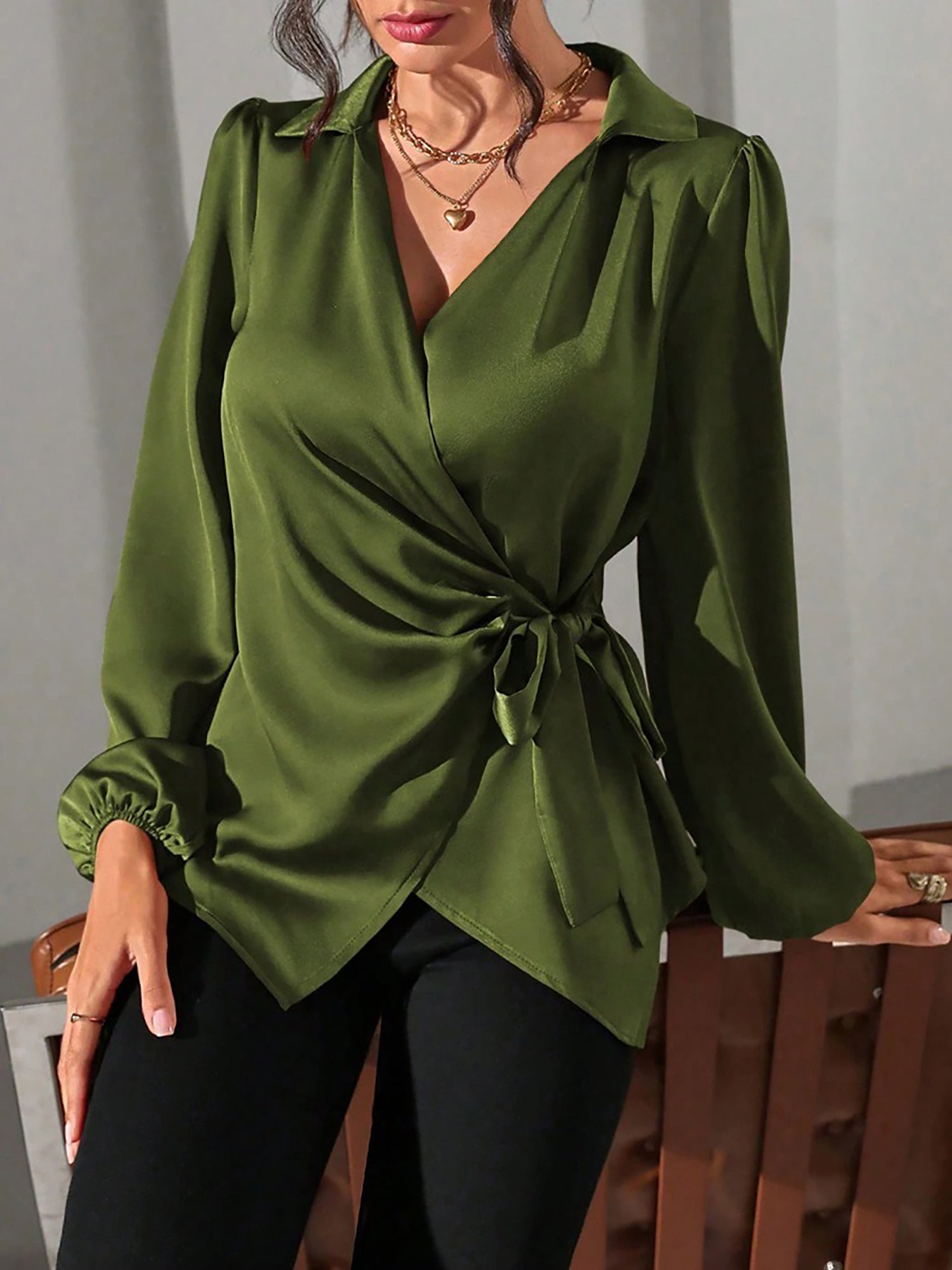 Satin Blouse with Adjustable Wrap Tie