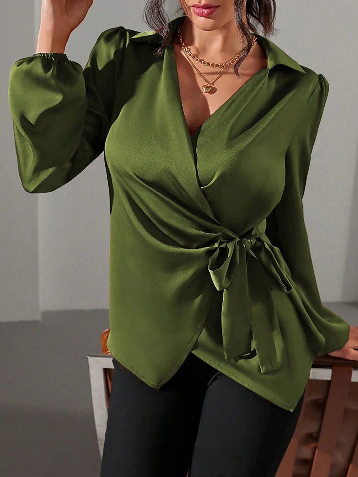 Satin Blouse with Adjustable Wrap Tie