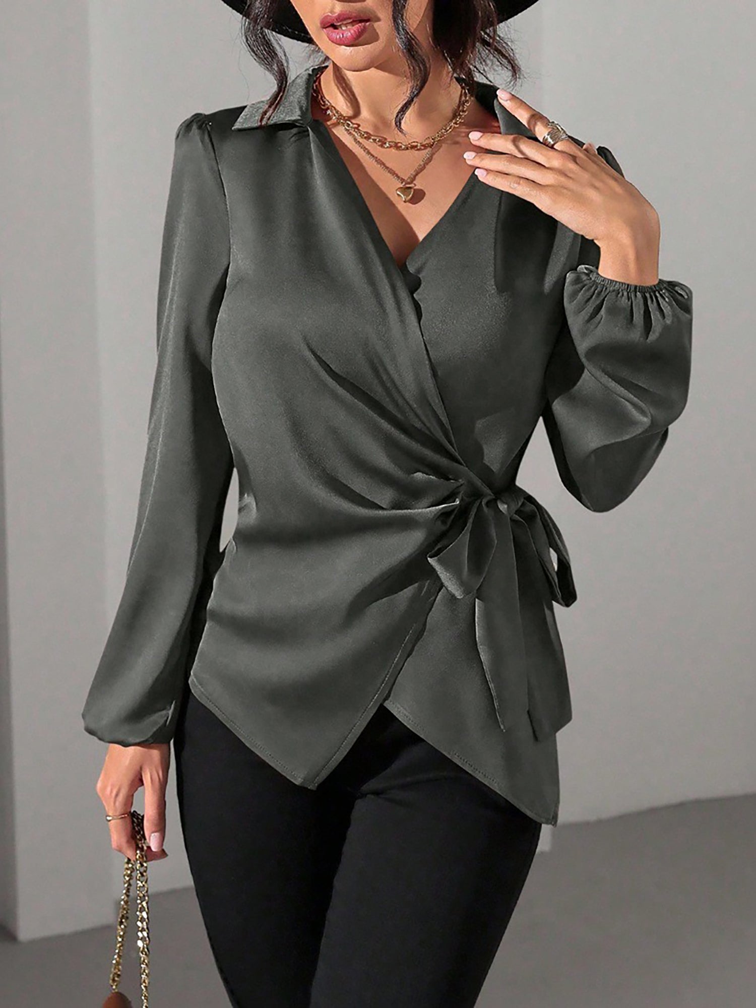 Satin Blouse with Adjustable Wrap Tie