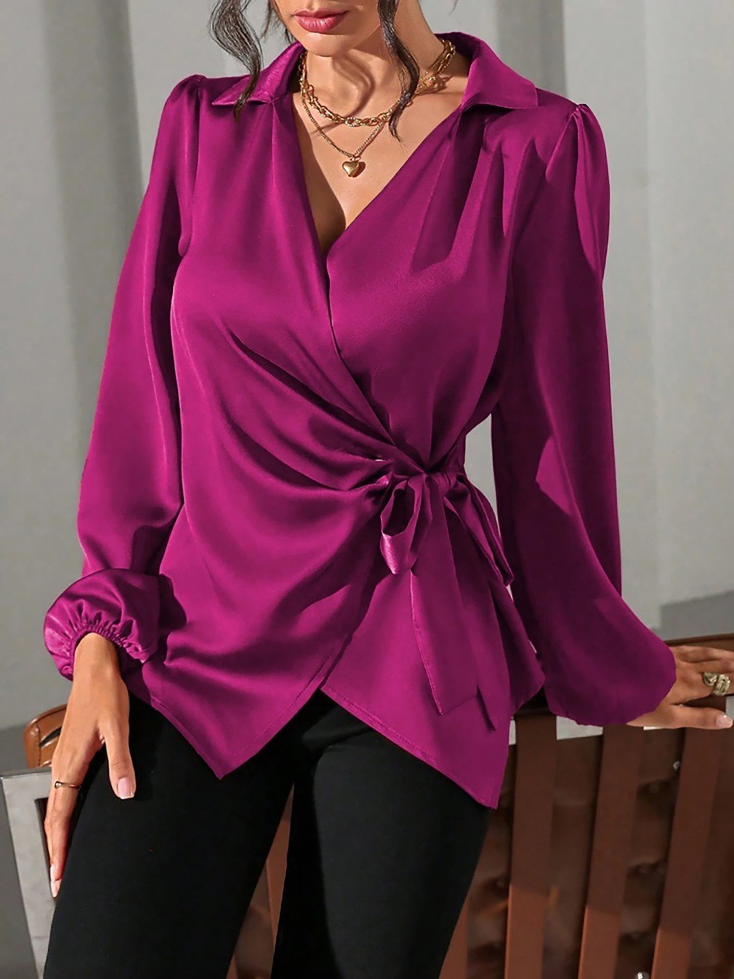 Satin Blouse with Adjustable Wrap Tie
