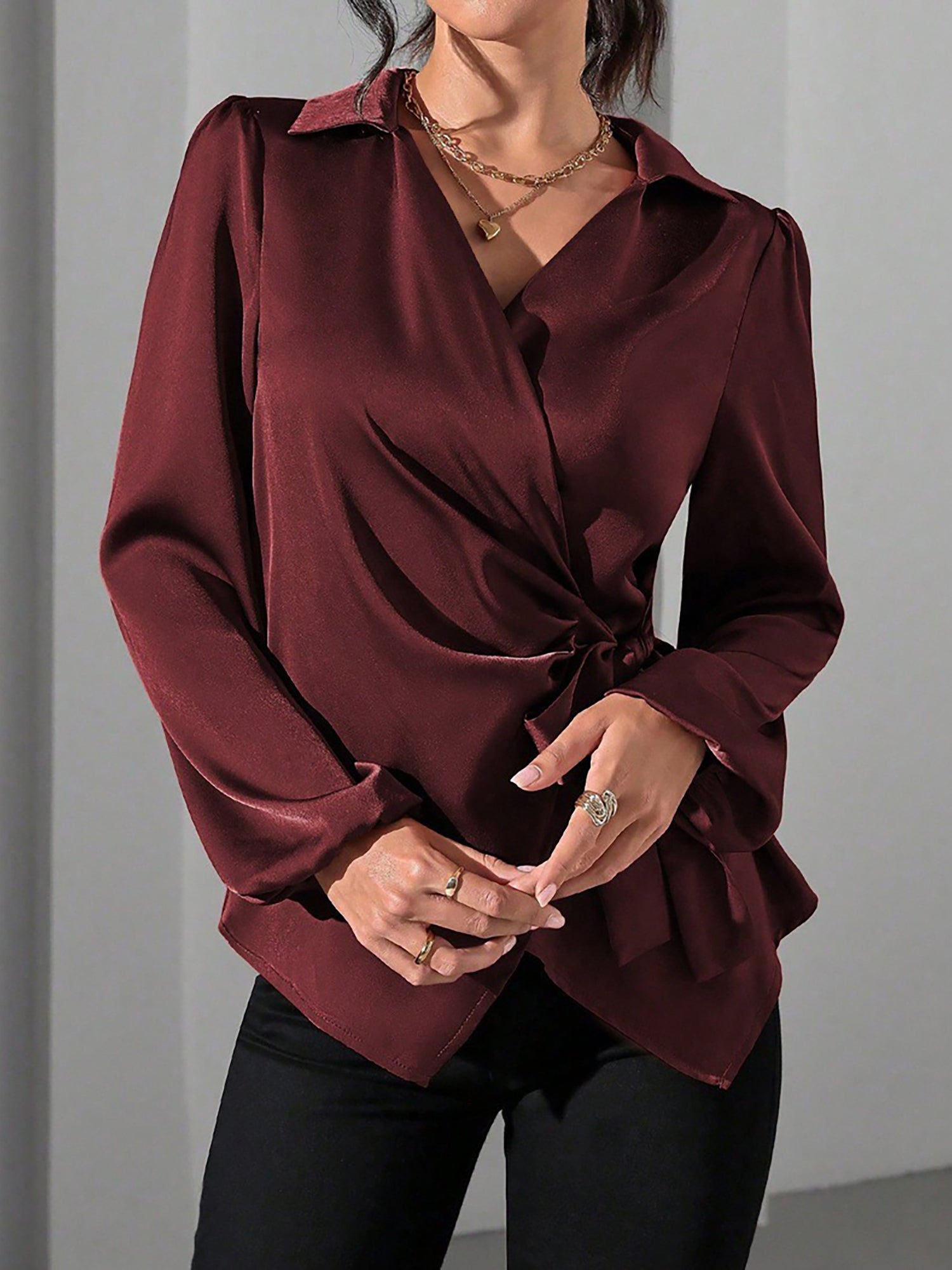 Satin Blouse with Adjustable Wrap Tie