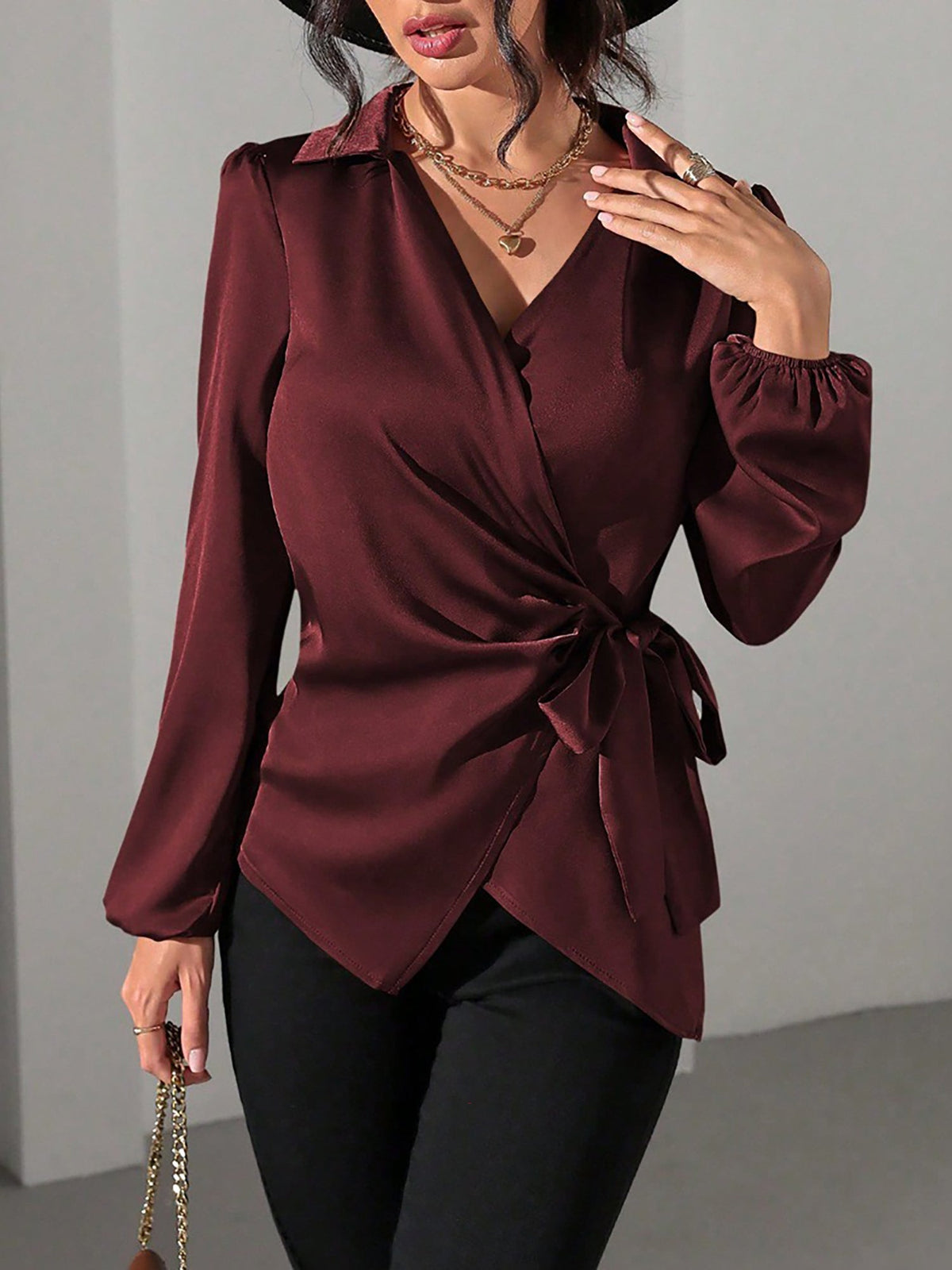 Satin Blouse with Adjustable Wrap Tie