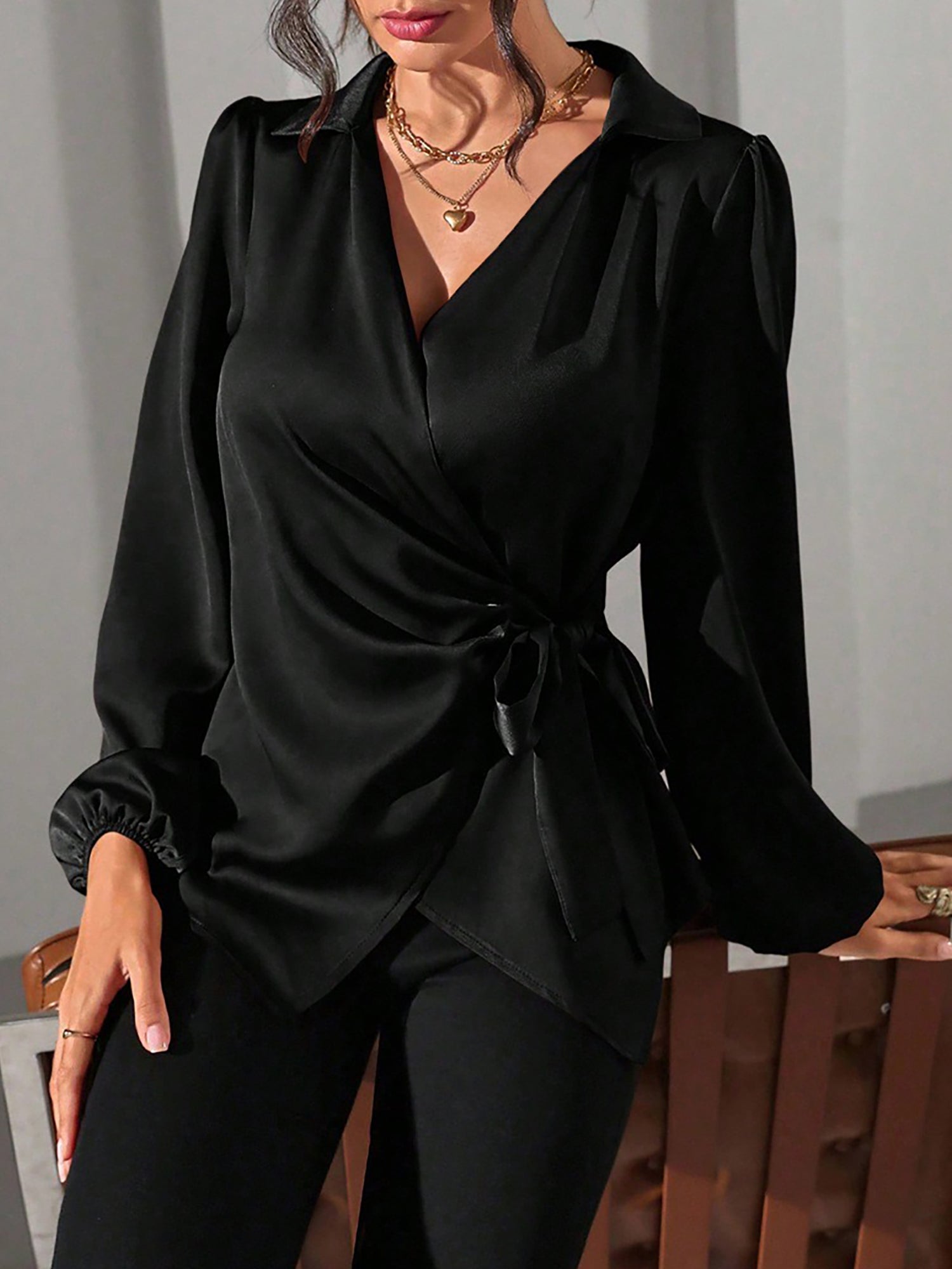 Satin Blouse with Adjustable Wrap Tie