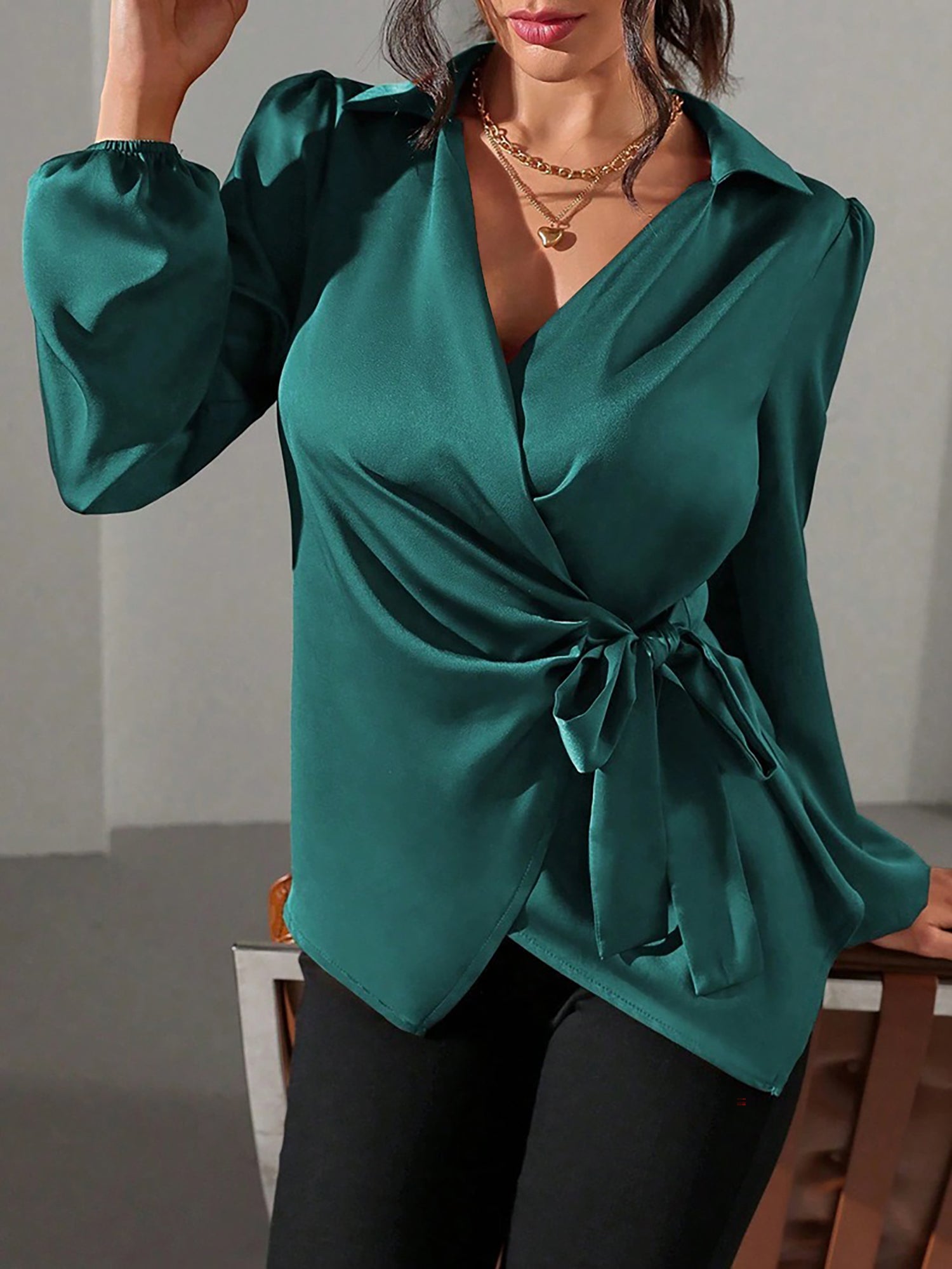 Satin Blouse with Adjustable Wrap Tie