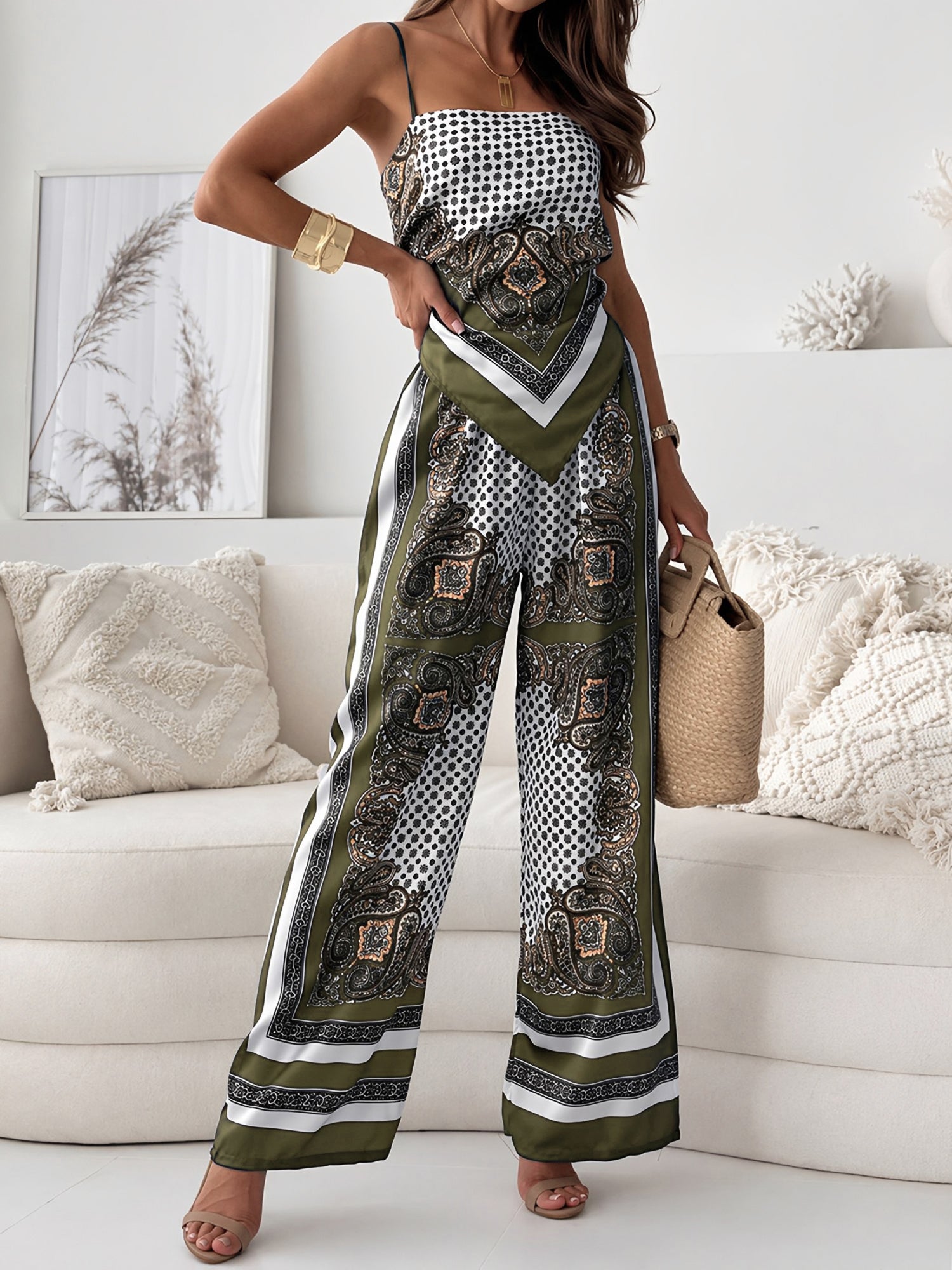 Women's Boho Backless Top and Wide-Leg Trousers Set
