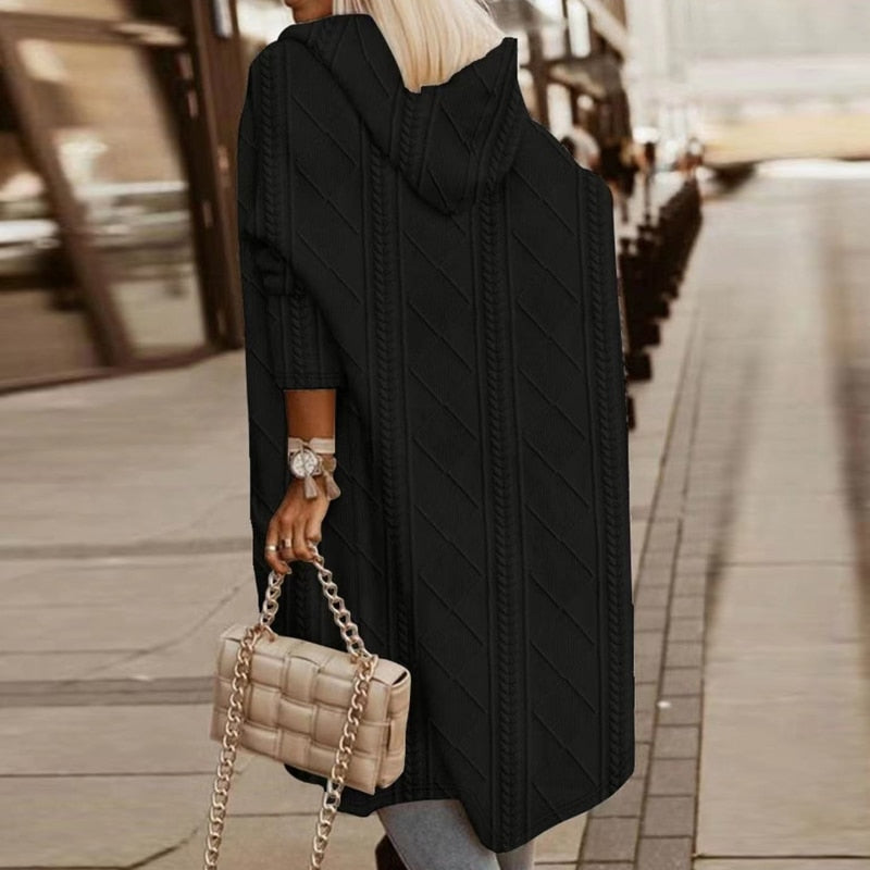 Longline Hooded Cardigan With Draped Soft Knit