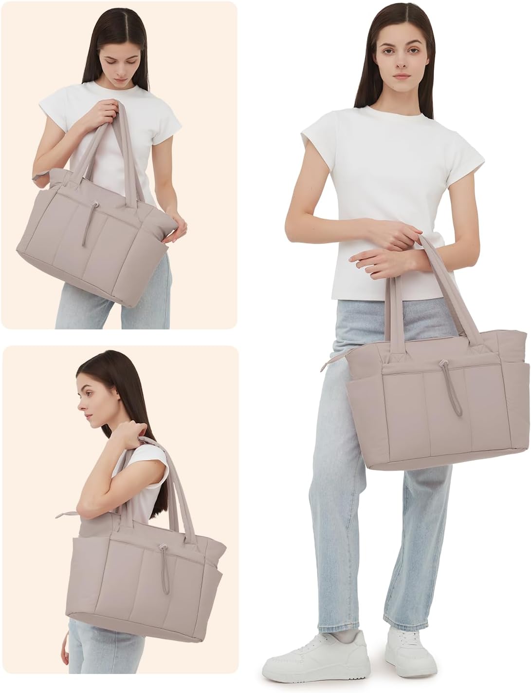 Quilted Puffer Tote Bag with Laptop Sleeve and Cup Holder