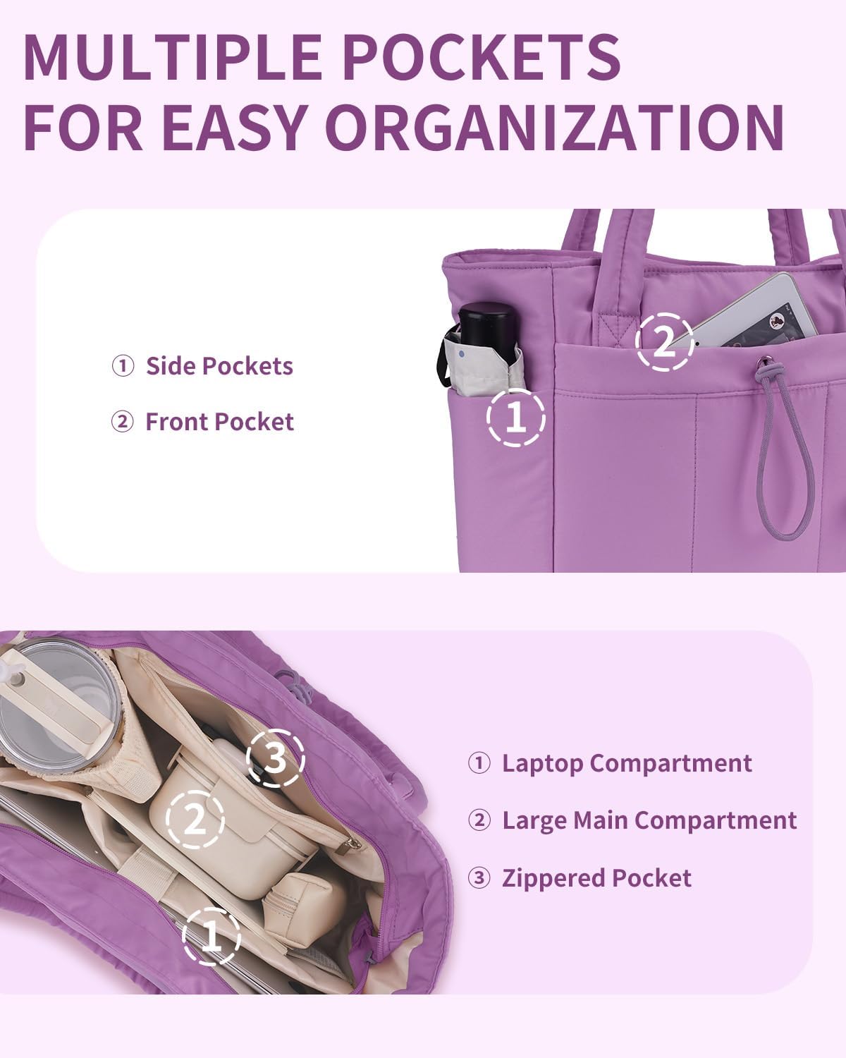 Quilted Puffer Tote Bag with Laptop Sleeve and Cup Holder