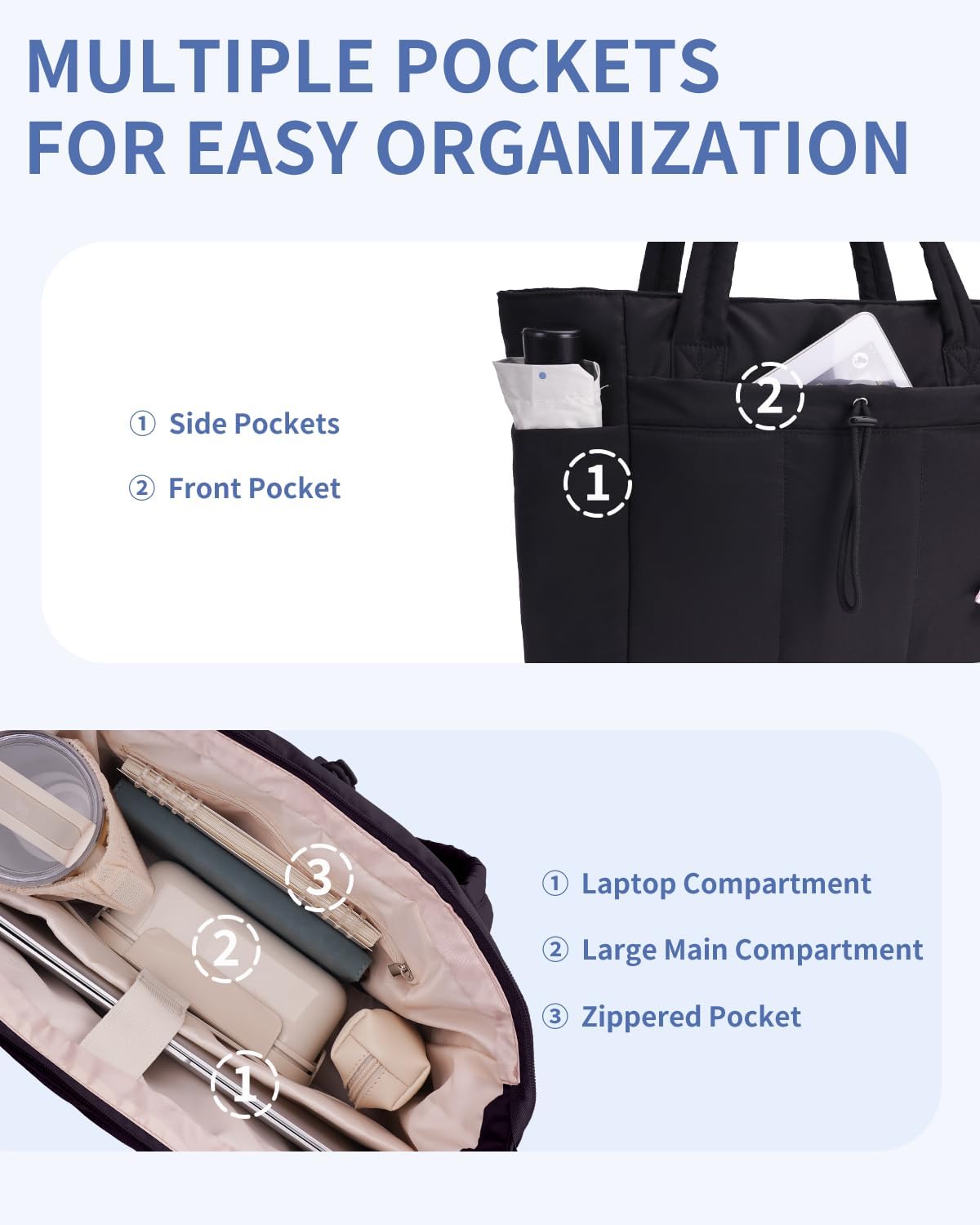 Quilted Puffer Tote Bag with Laptop Sleeve and Cup Holder