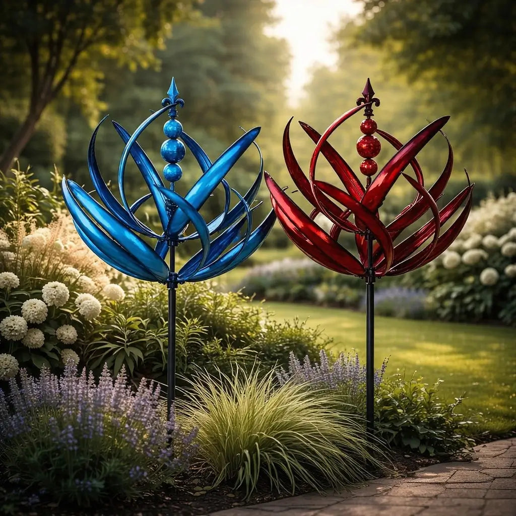 Lotus Wind Spinner Garden Stake — Weather-Resistant Metal