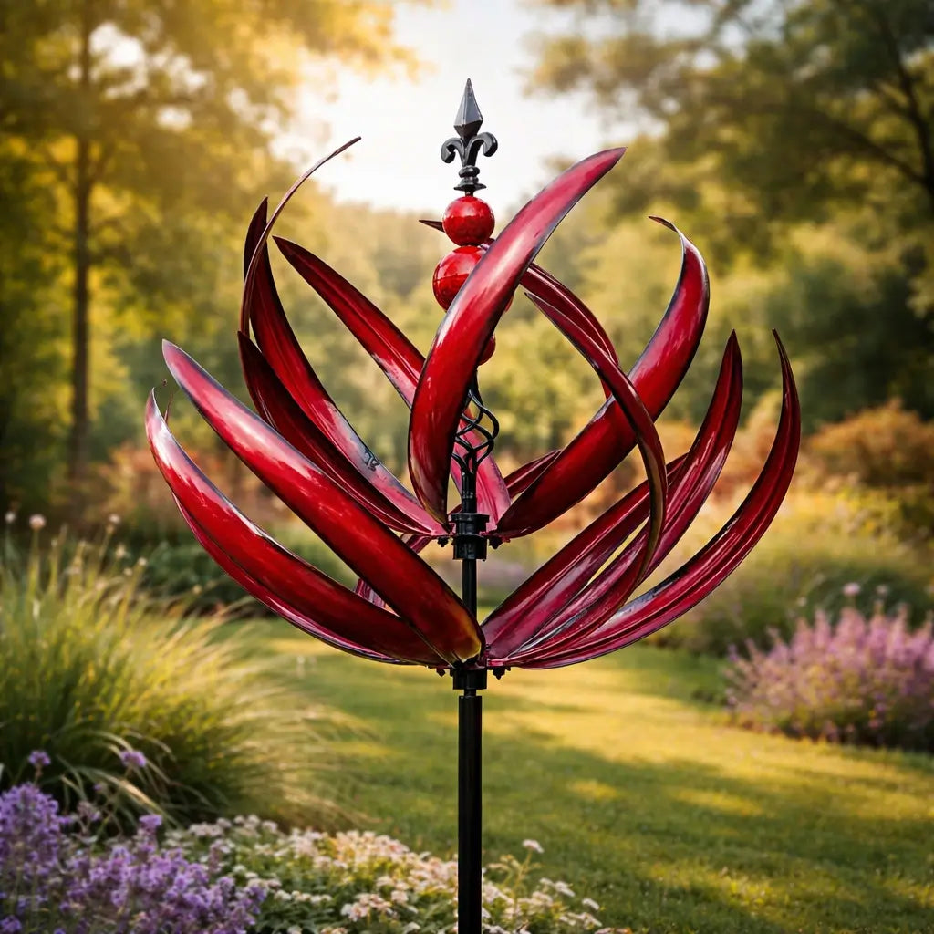 Lotus Wind Spinner Garden Stake — Weather-Resistant Metal