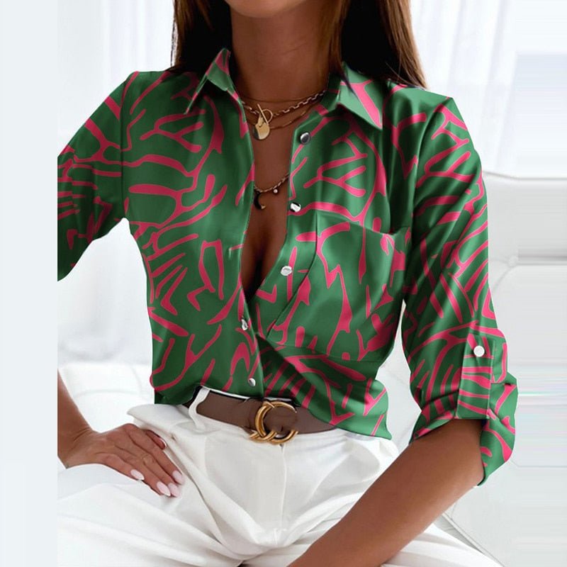 Women's Graphic Print Satin Blouse With Lapel Collar