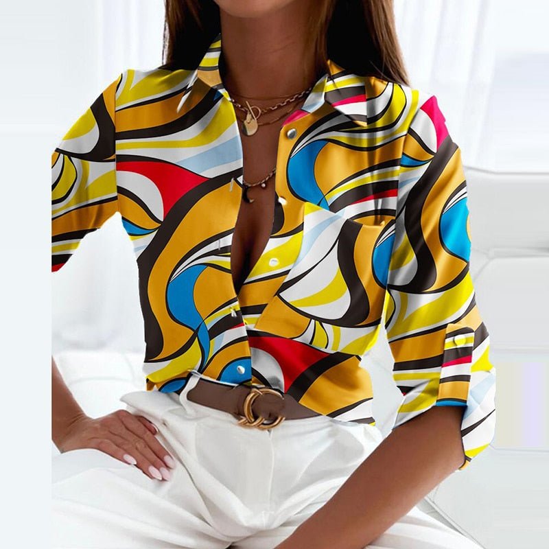 Women's Graphic Print Satin Blouse With Lapel Collar