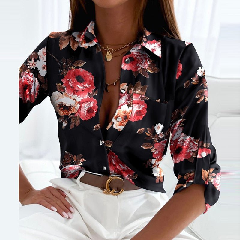 Women's Graphic Print Satin Blouse With Lapel Collar